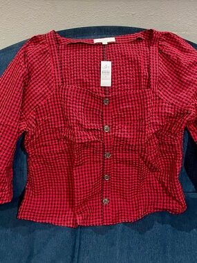 LOFT Red and Black Gingham Button-Front Women's Top